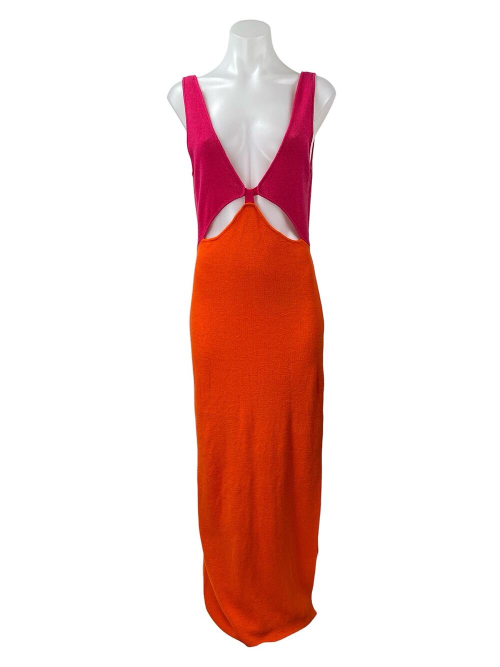 Aiblee Orange Pink Colorblock Cut Out Sleeveless V Neck Maxi bodycon Dress Sz M